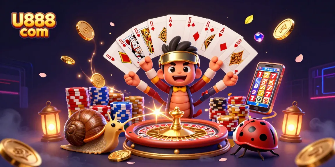 Engage in thrilling games at U888 com with a vibrant casino scene featuring a dynamic 3D illustration.
