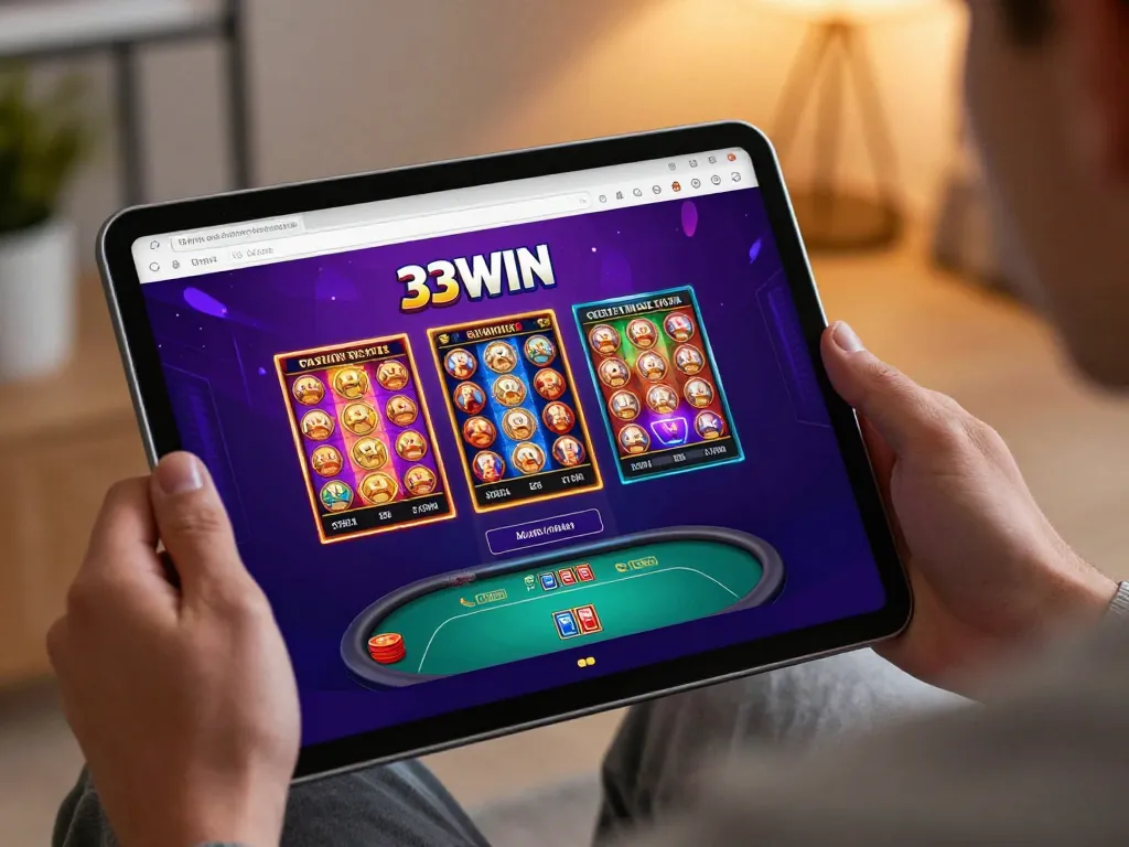 Engaging gameplay on 33WIN casino platform with vibrant slot games visible on a tablet.
