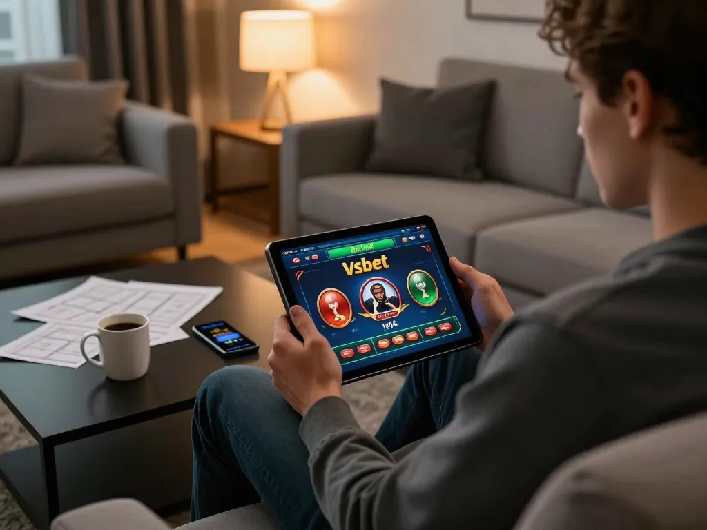Engaging online gaming at home with Vsbet on tablet, showcasing vibrant casino interface.