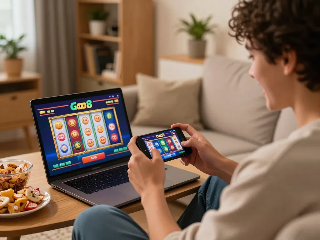 Engaging gameplay on the Go8 app, showcasing spinning reels and excitement in a cozy setting.