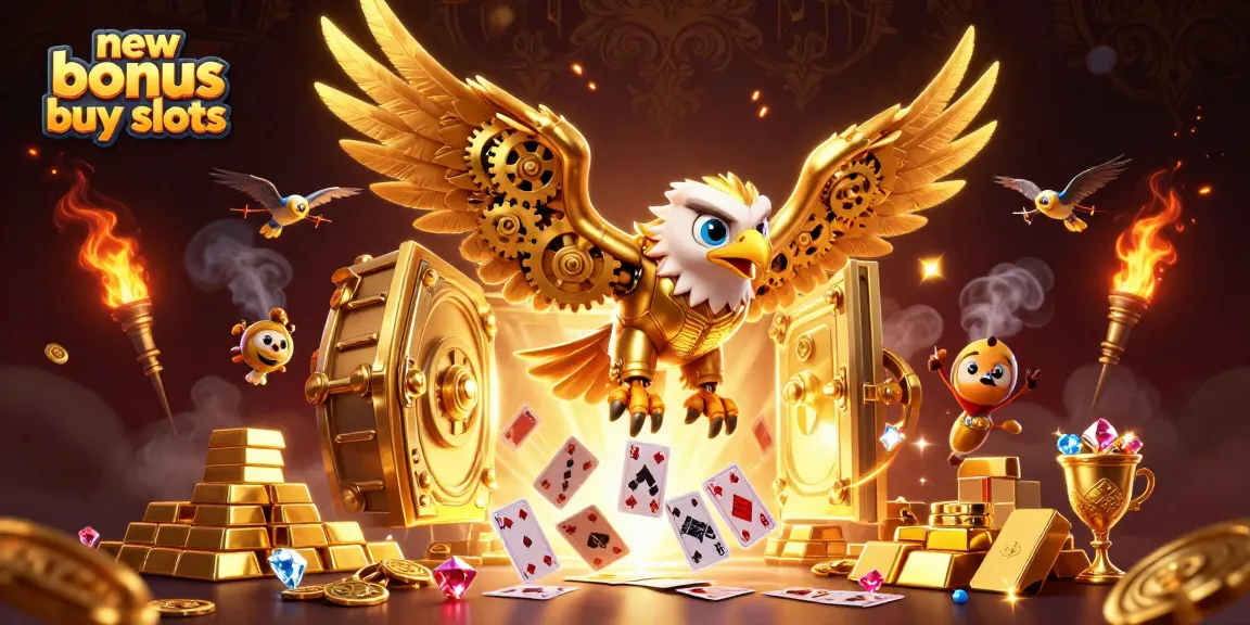 Experience new bonus buy slots with a dynamic 3D scene featuring a golden eagle, holographic cards, and treasure.