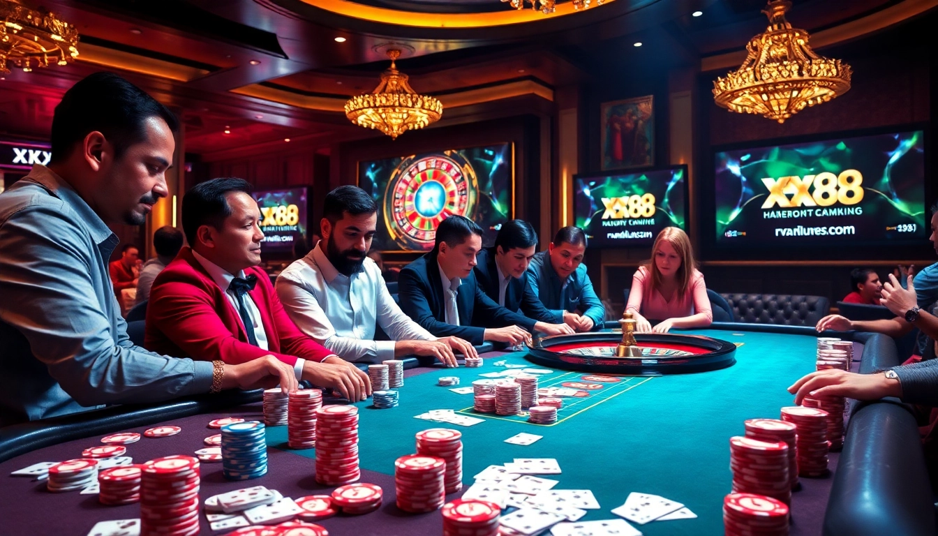 Experience the thrill of gambling at XX88's exciting casino tables featuring vibrant poker chips and cards.