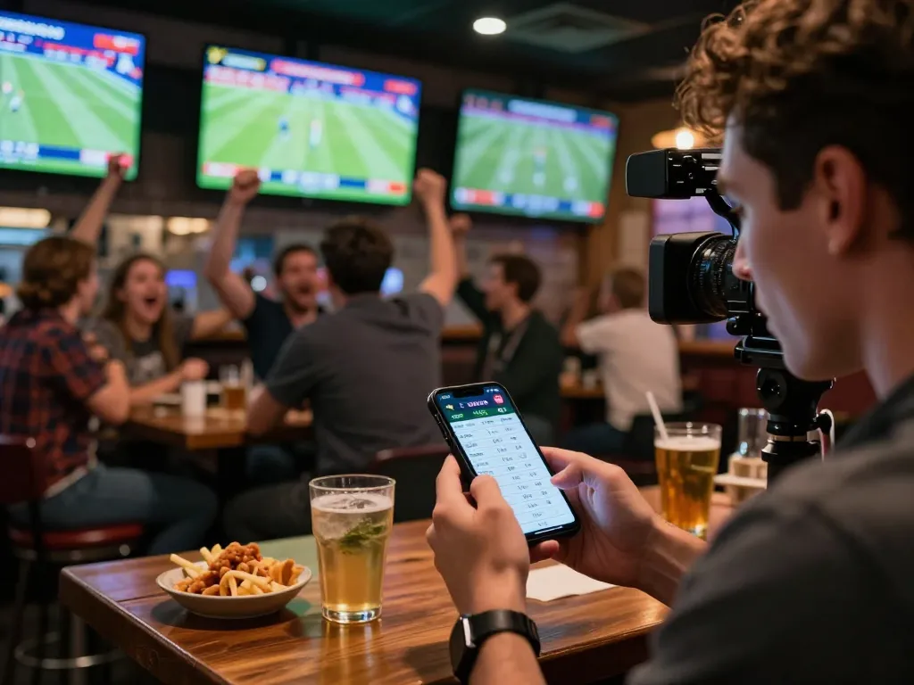 Football betting excitement with real-time kết quả bóng đá displayed at a bustling sports bar.