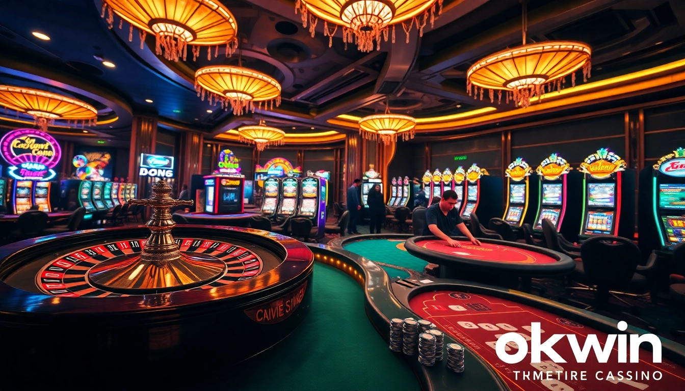 Experience the thrill of winning at okwin's luxurious online casino with vibrant slot machines and poker tables.
