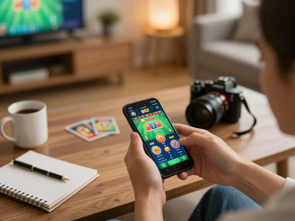 B52 mobile gaming experience on smartphone displaying casino app with cozy home atmosphere