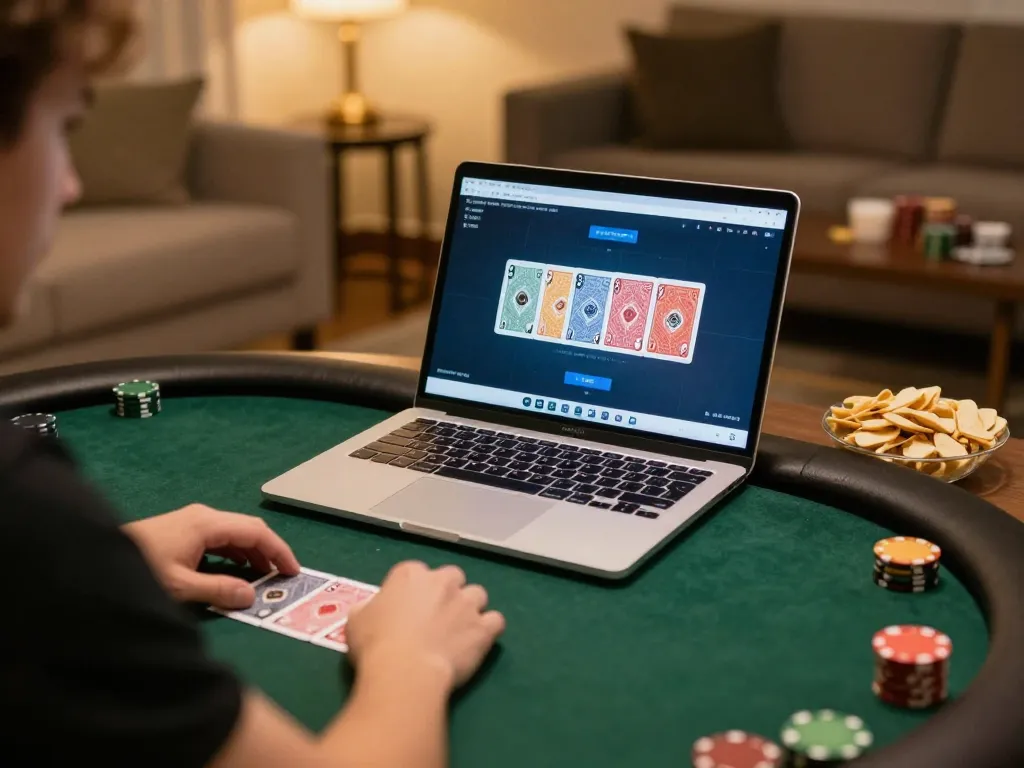 Player engaging in an online poker game on BL555, showcasing winning strategies within a cozy home setting