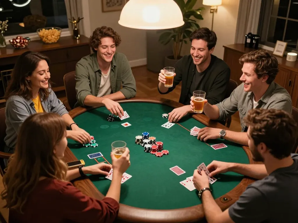 Friends playing poker together at home while enjoying drinks and snacks during a game night with GG88.