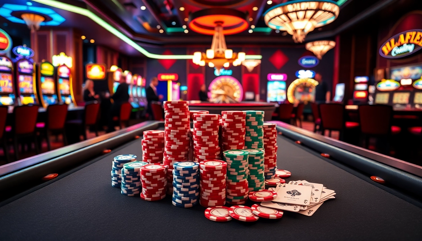 Gamblers enjoying a thrilling poker game at okfun's luxurious casino, with vibrant lights and stacked chips.