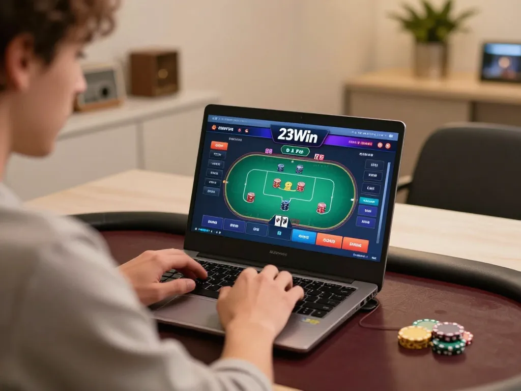 A dedicated player engaging in online gambling at 23Win, showcasing a poker game interface on their laptop for an immersive experience.