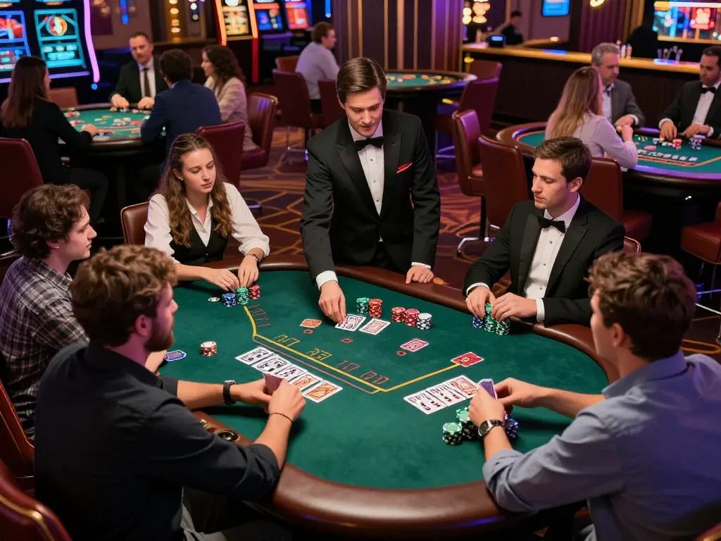 Players at sunwingo casino intensely strategizing their blackjack game amidst a vibrant atmosphere.