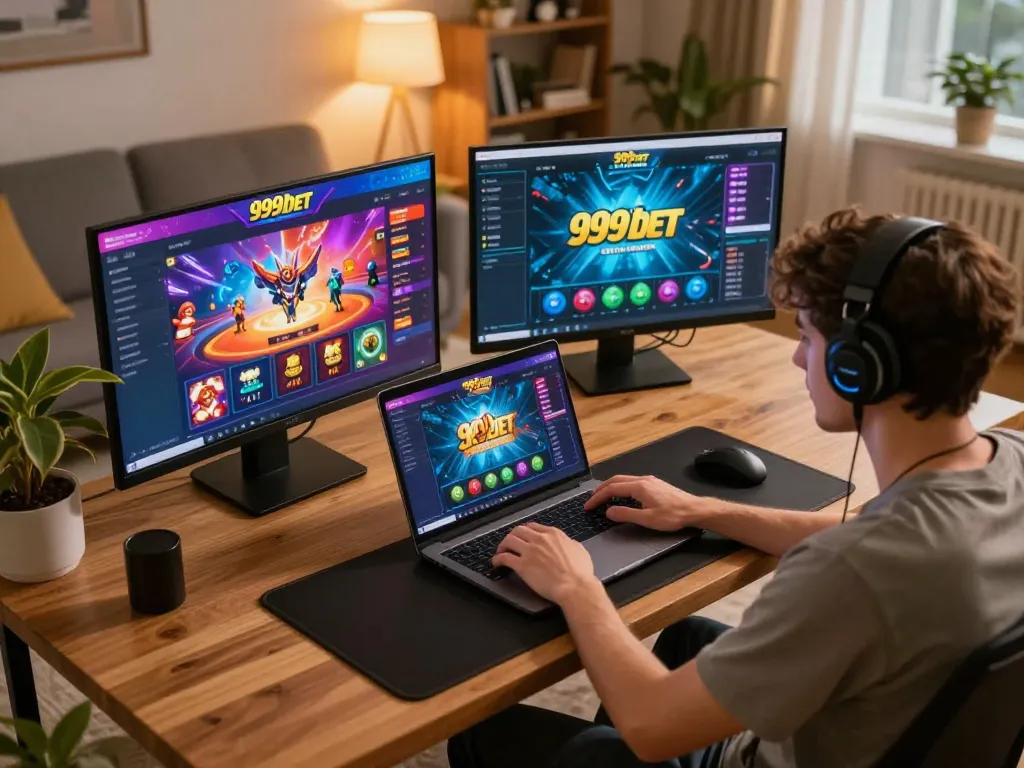 Player engaging in online games at 999bet on a laptop in a cozy home space.