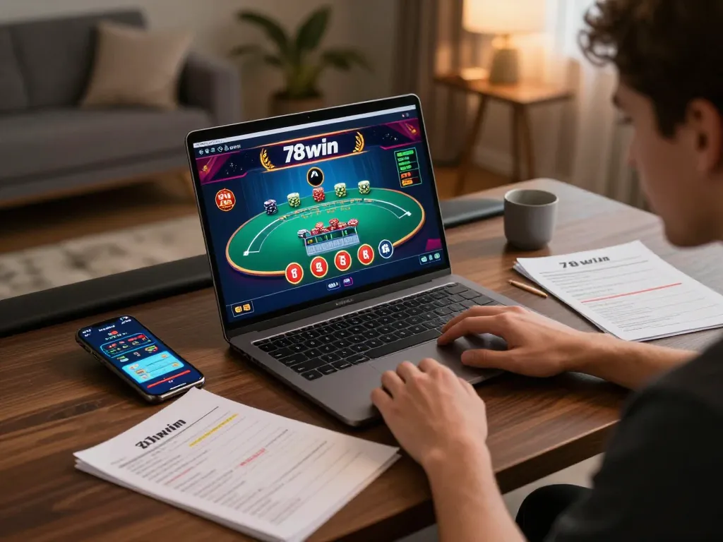 Engaging player enjoying 78win online casino from a cozy home office, focusing on strategic blackjack gameplay