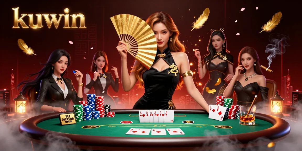 Engage with kuwin in a captivating poker scene featuring an elegant Asian woman and vibrant game elements.