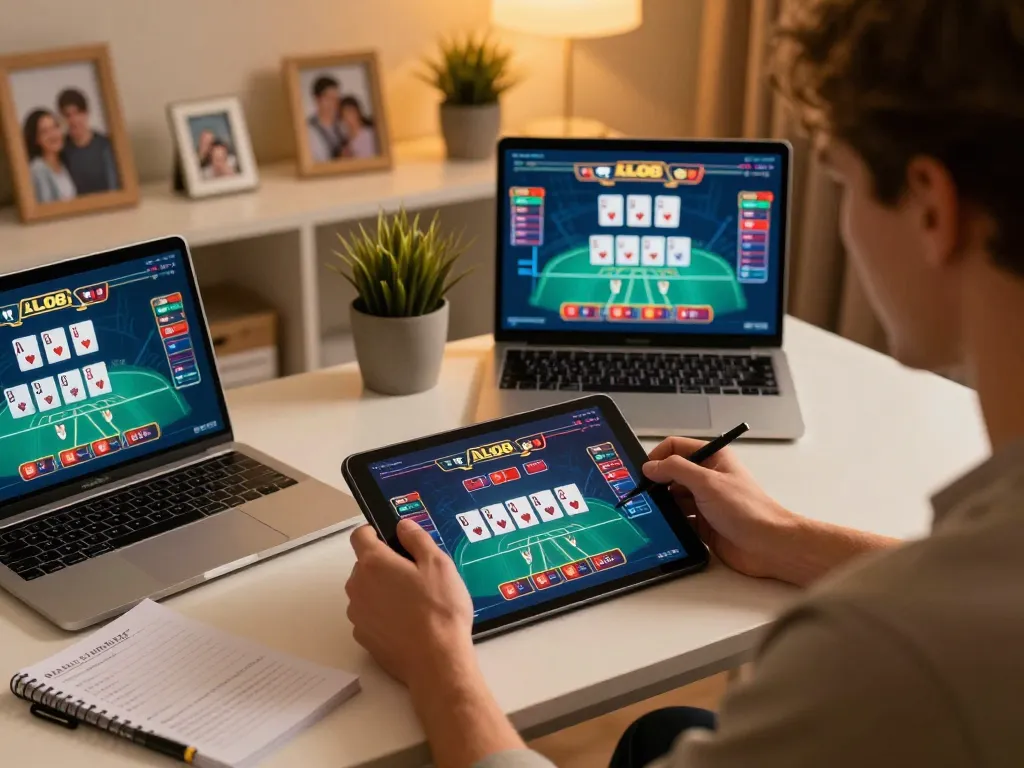 Engaged player enjoying ALO8 online casino on tablet with vibrant poker game interface
