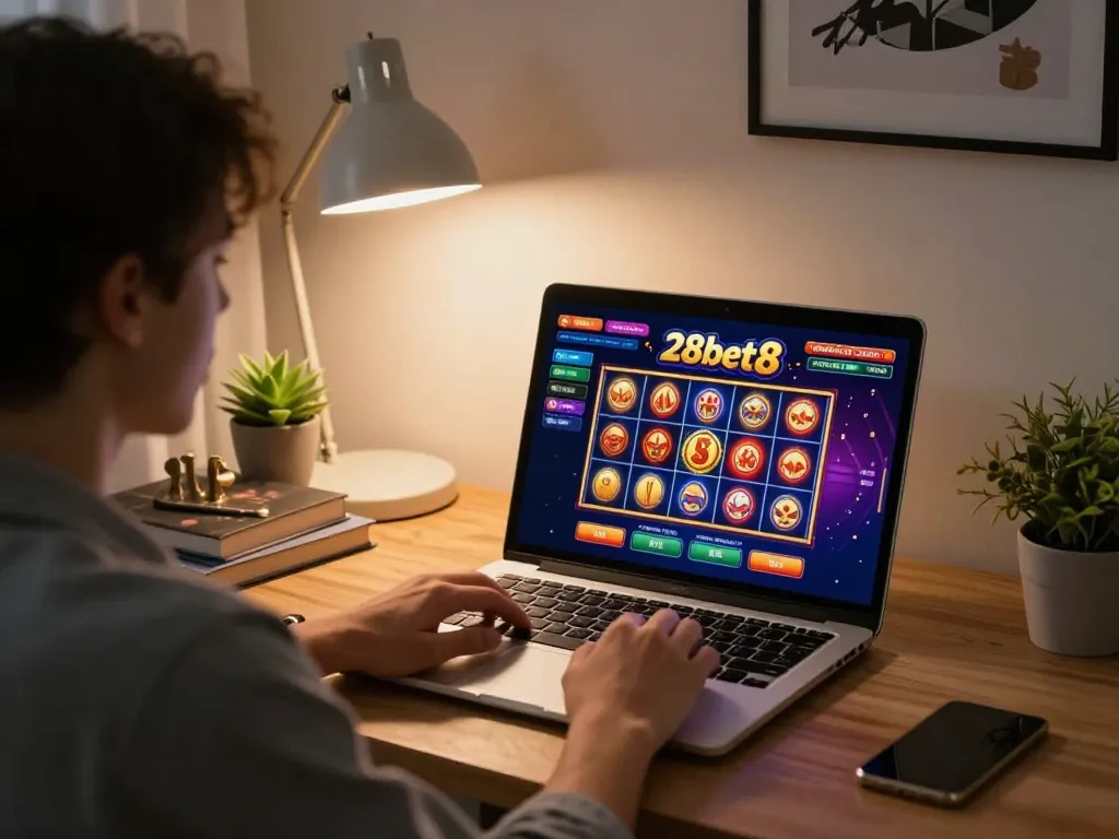 Person enjoying a gaming session on 28bet8 with vibrant slot graphics in a cozy home office.