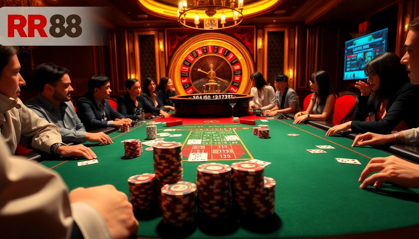 Players experiencing the thrill of poker at RR88, surrounded by casino glamour and excitement.