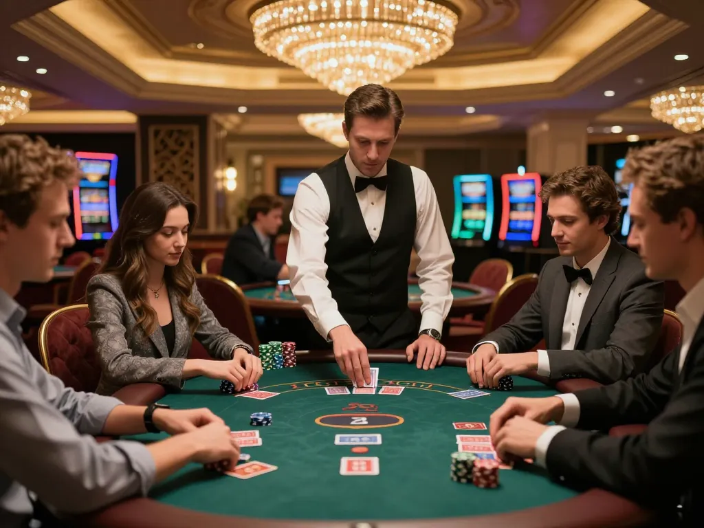 Players mastering rwin strategy at an elegant blackjack table in a luxurious casino.