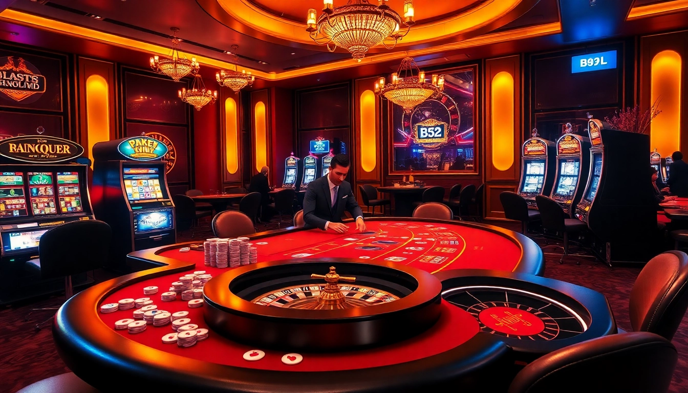 Experience the excitement of B52Club with vibrant casino tables filled with poker chips and cards.