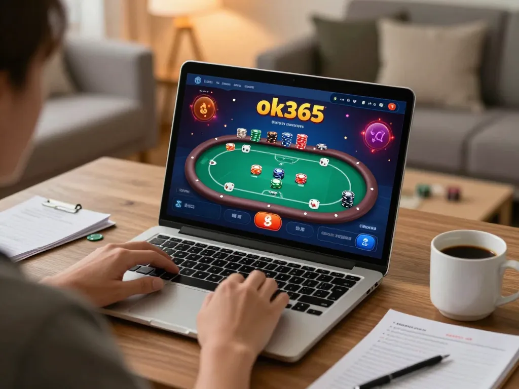 Engaging online poker gameplay at ok365 in a cozy home setting, showcasing strategic betting.