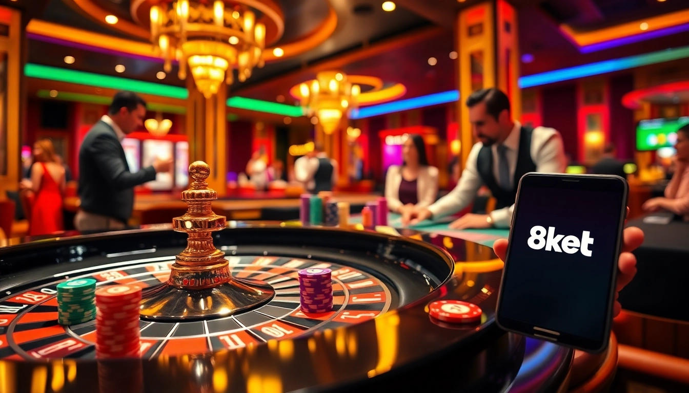 Experience the excitement of 8kbet with a vibrant casino scene featuring poker chips and a roulette table.