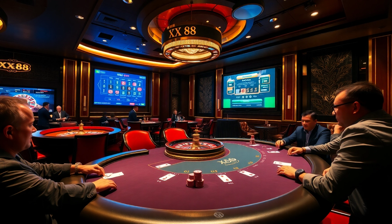 Players enjoy high-stakes games at XX 88 casino, featuring poker chips and vibrant decor.