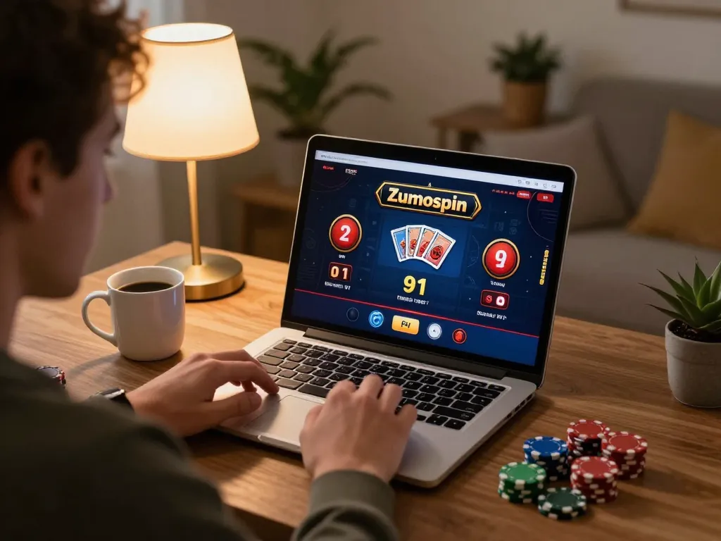 Engage with Zumospin bonus for exciting online gameplay at home with poker chips and cozy setup.