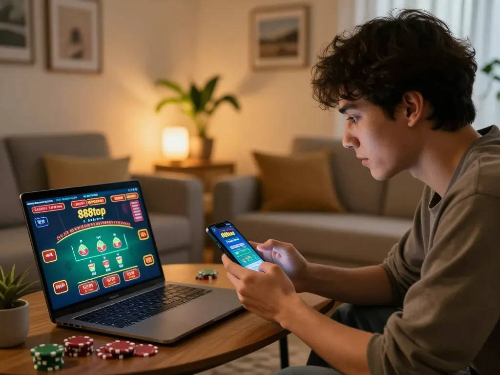 Engaging in online casino gaming with the 888top app on a smartphone, showcasing a modern living space and strategic gameplay.
