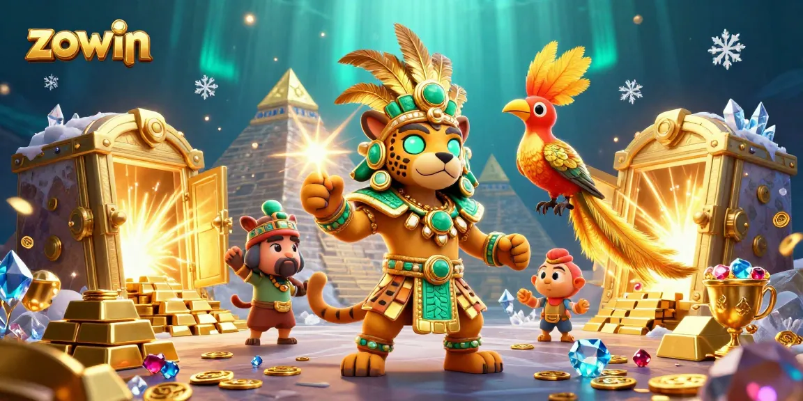 Zowin captures thrilling casino excitement with a dynamic scene featuring a Mayan jaguar priest and golden treasures.