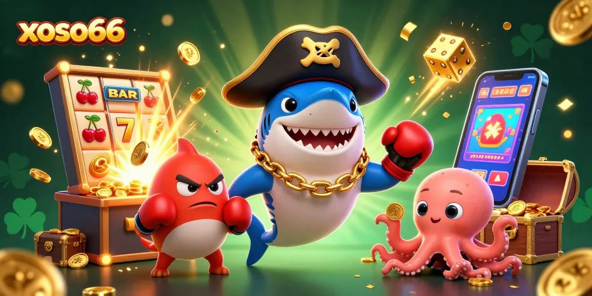 Experience the thrill with xoso66 as the cartoon shark and octopus celebrate a jackpot in this vibrant casino scene.
