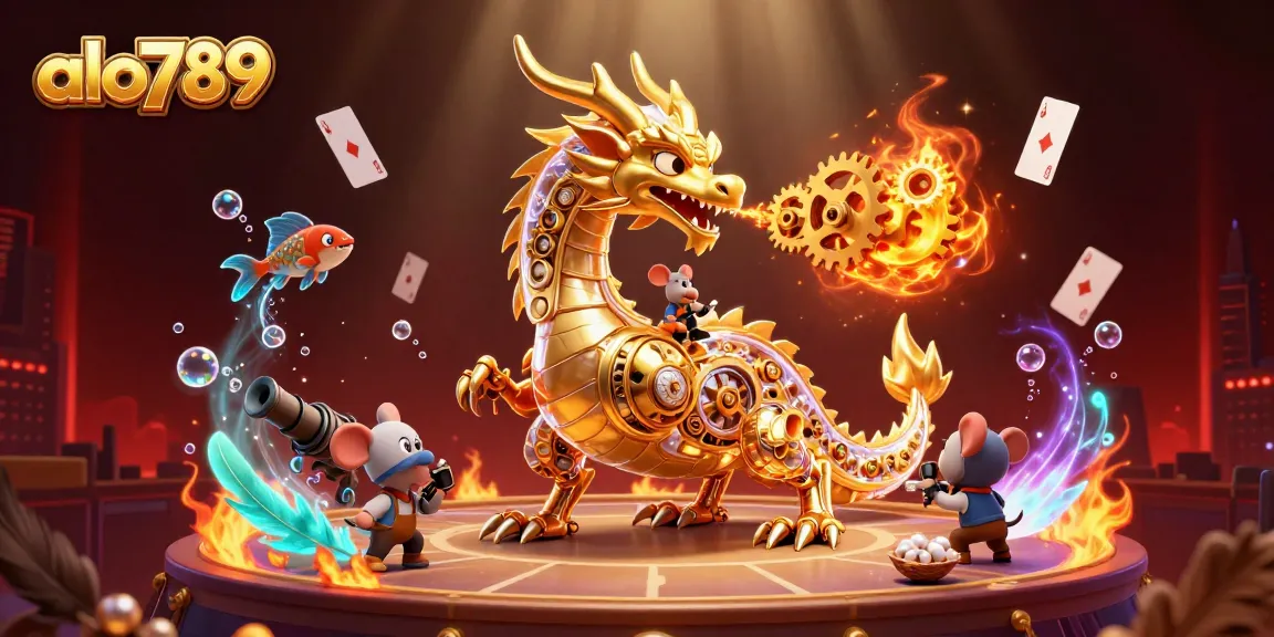 Experience the thrill of cockfighting at alo789 with a golden dragon, vibrant casino elements, and action-packed visuals.