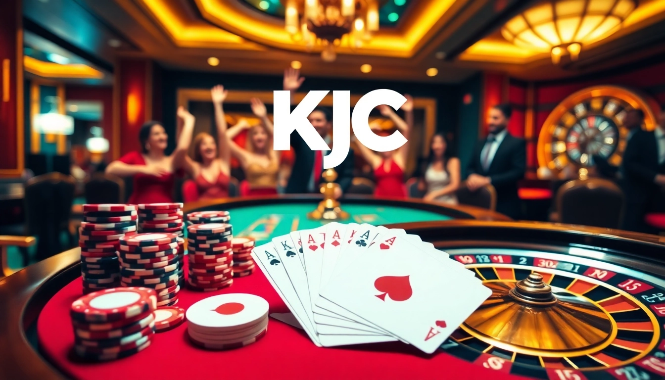 KJC poker table with vibrant chips and elegant cards, conveying excitement in a luxurious casino setting.