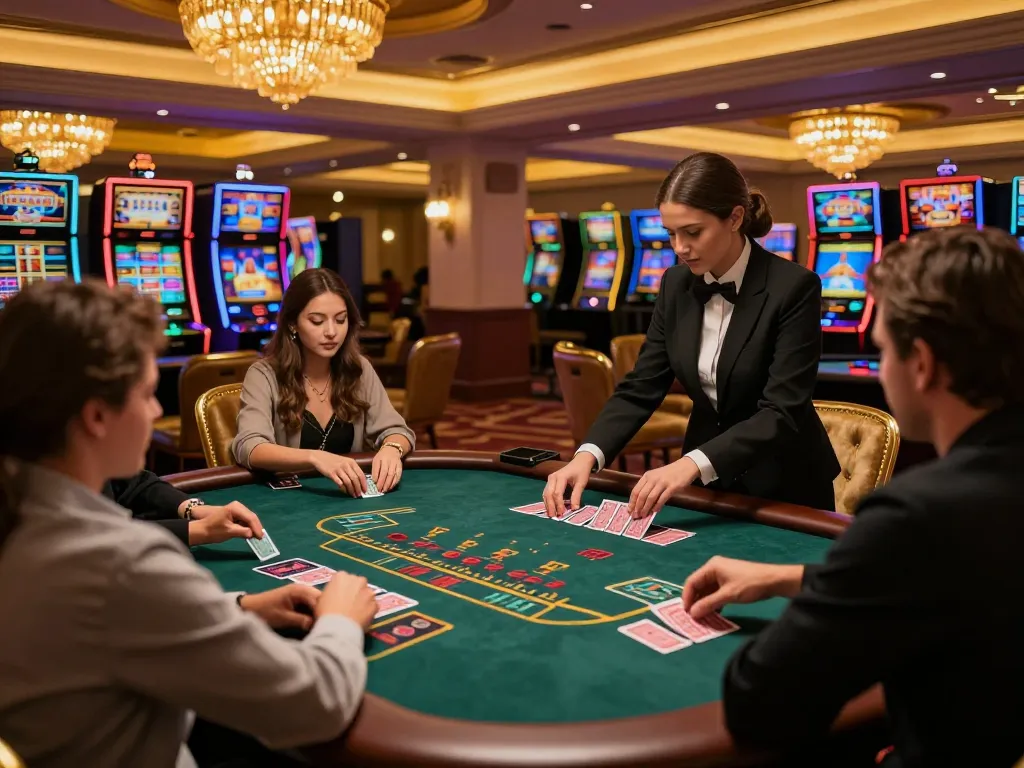 Players strategizing at a jun88 blackjack table in a luxurious casino atmosphere, showcasing engagement and excitement.