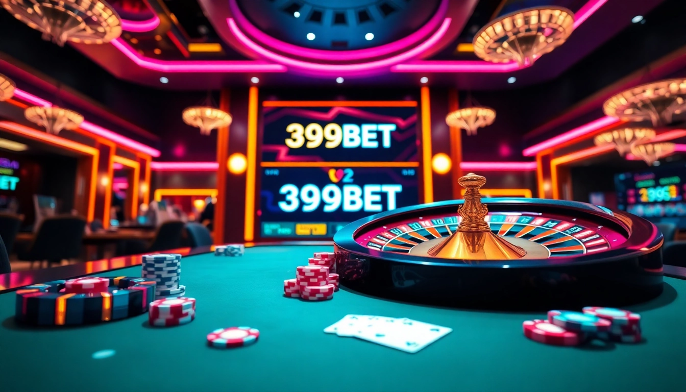 Experience thrilling gambling action at 399BET with poker chips, cards, and roulette wheels.
