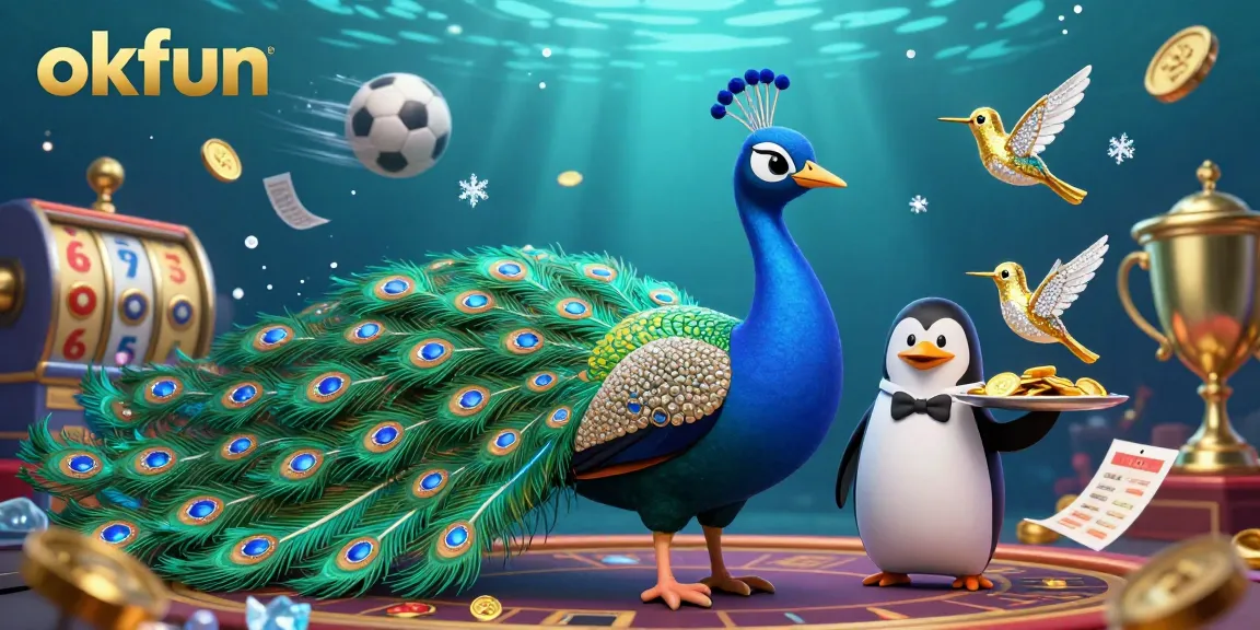 Experience the excitement at okfun with vibrant casino elements flying around animated characters.