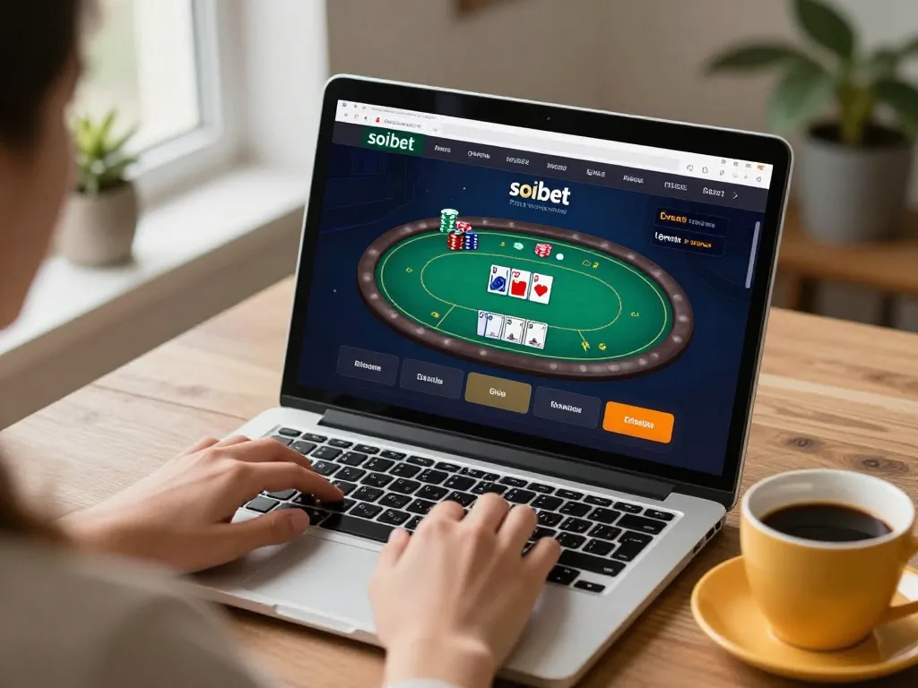 Engage with soibet online poker game interface on a laptop in a cozy home setting