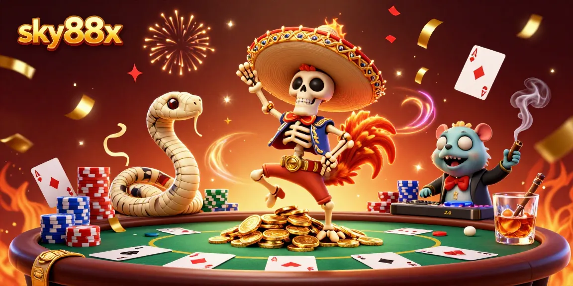 Engage with the thrilling sky88x casino experience featuring festive gaming characters and vibrant elements.