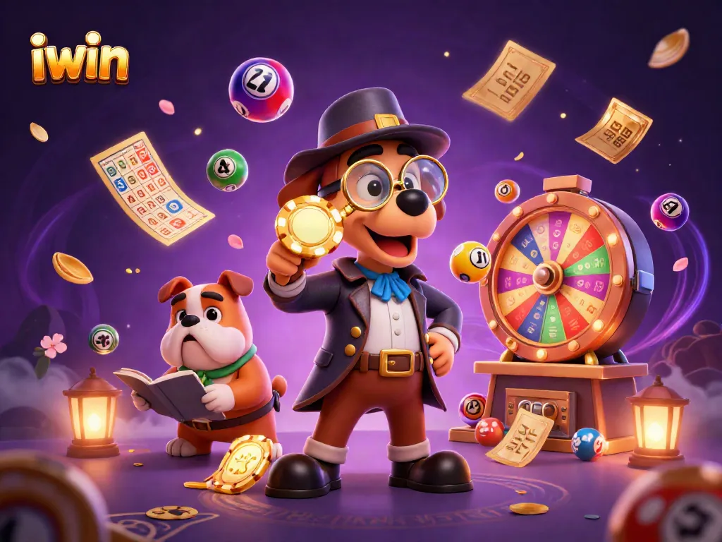 iwin engages players with a detective scene examining poker chip clues among vibrant lottery elements.