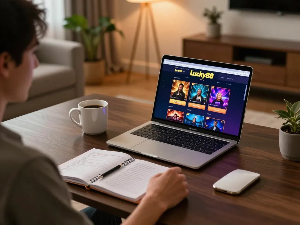 Engaging scene showing player exploring games at https://lucky88.sbs/ on a laptop with strategic notes around