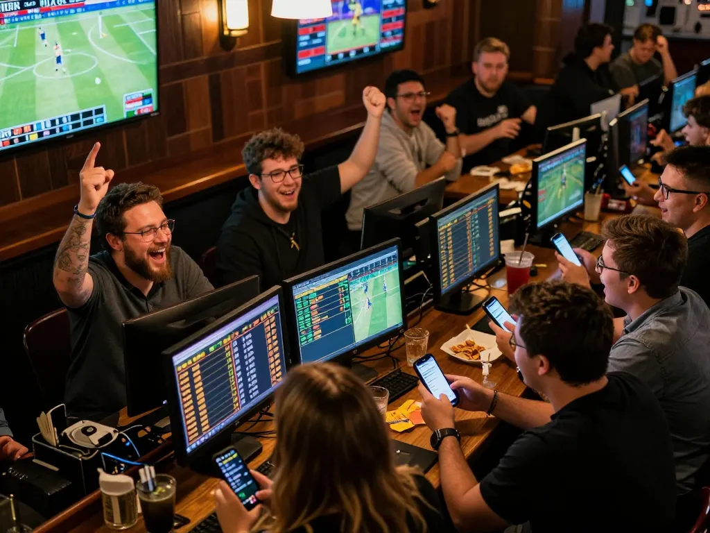 Engaged bettors at nhà cái S666 social sports bar during exciting game view.