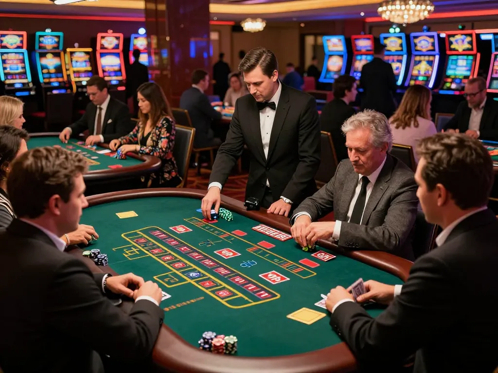 Players engaging in strategic gameplay at the vibrant TR88 casino floor with roulette and blackjack tables