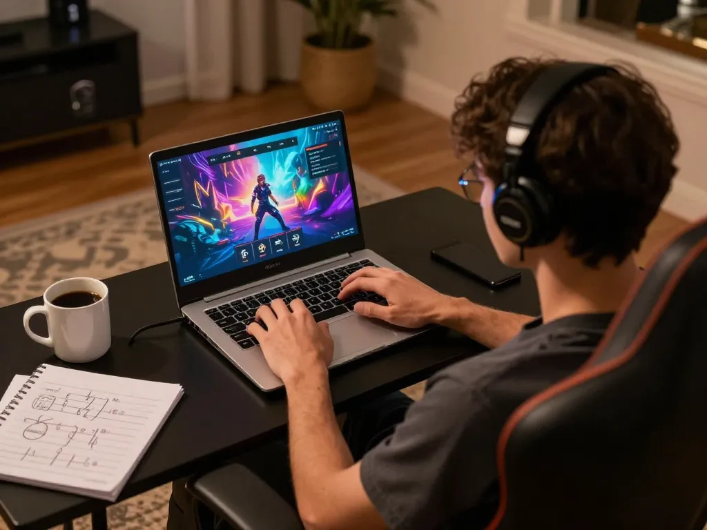 Bergabung dalam permainan online di MejaVIP menggunakan laptop, menampilkan suasana rumah yang nyaman.