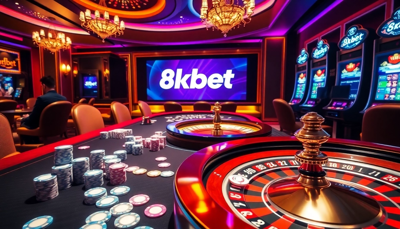 A thrilling scene showcasing 8kbet's vibrant casino atmosphere featuring poker chips and a roulette wheel.