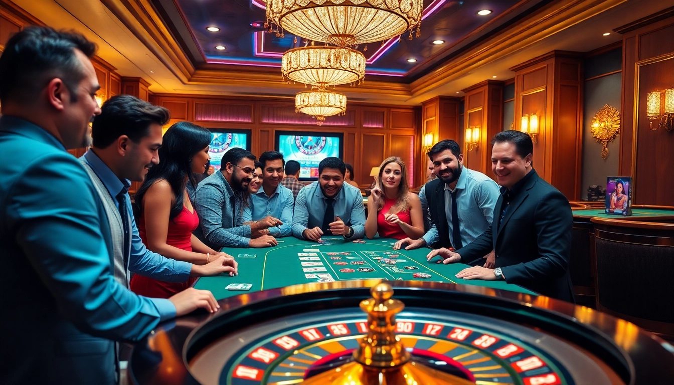 Excited players enjoy a thrilling poker game at BL555, showcasing luxurious casino atmosphere.