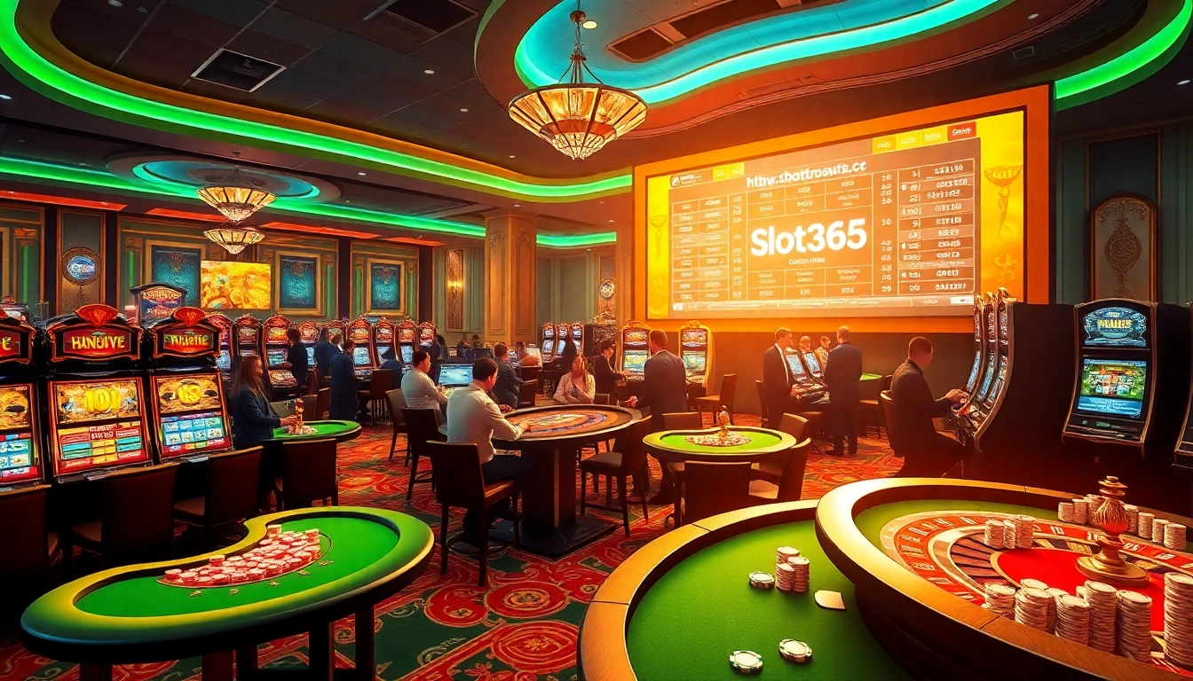 Players enjoying casino games at https://slot365.cx/ showcasing vibrant slot machines and poker tables.