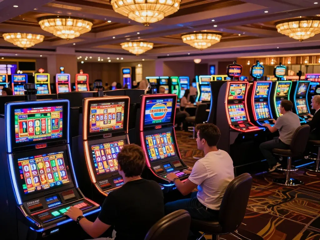 Players enjoying thrilling slot games at DH88 casino, vibrant lights illuminating the atmosphere