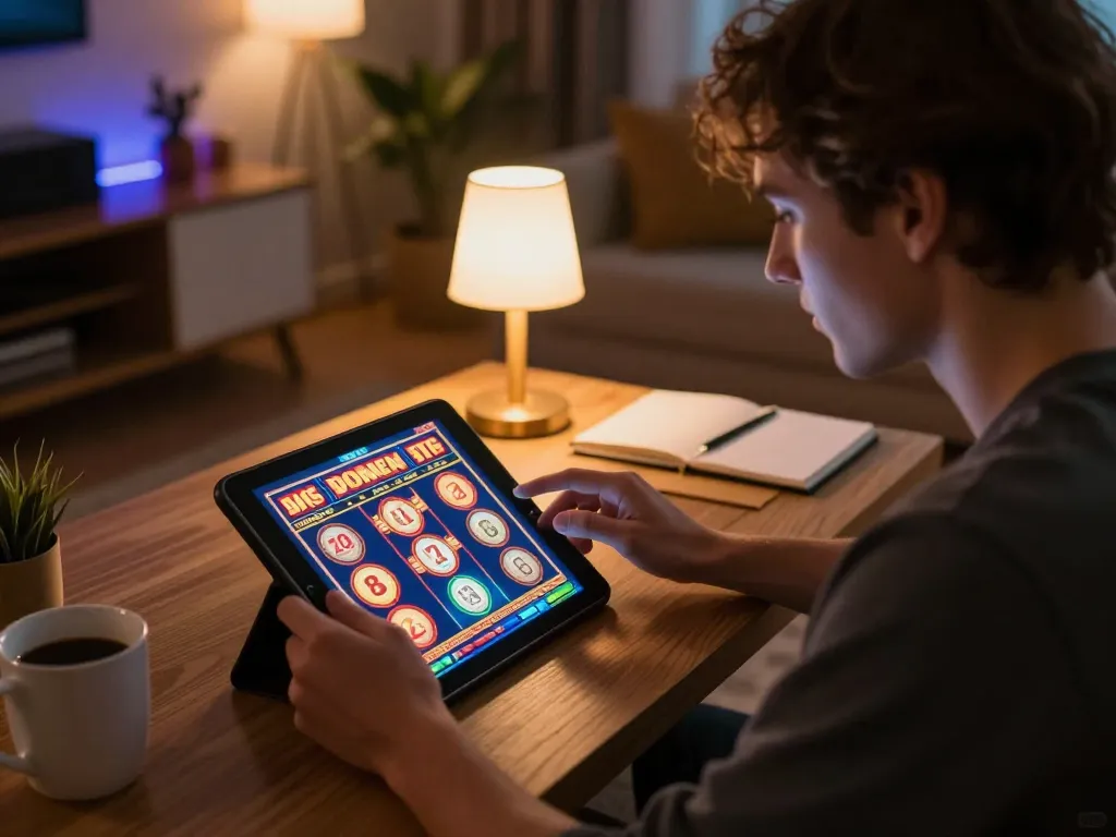 32win player enjoying exciting slot game on tablet in cozy home setup, showcasing responsible gaming.