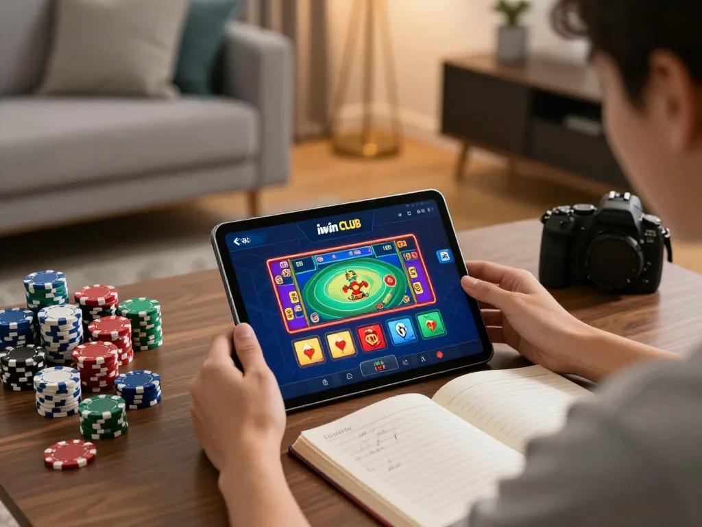 Playing the iwin club app on a tablet with colorful poker chips and strategy notes in view