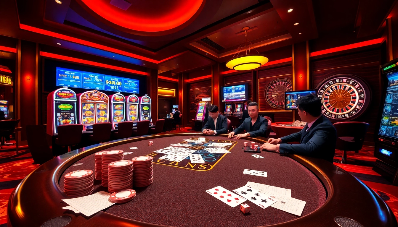 Experience thrilling gambling action at https://xx88.moe/ with vibrant casino scenes featuring poker chips, cards, and roulette wheels.