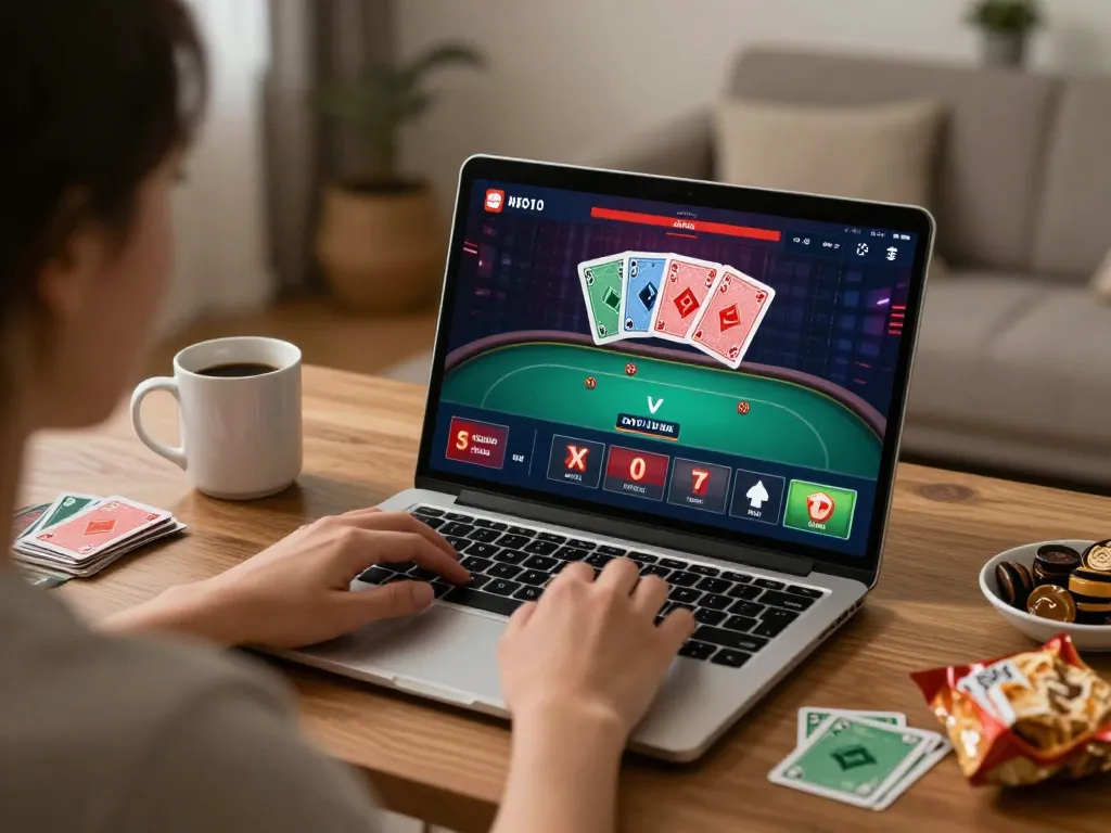 Engaging in poker on a laptop for sun win gaming experience at home with relaxed ambiance.