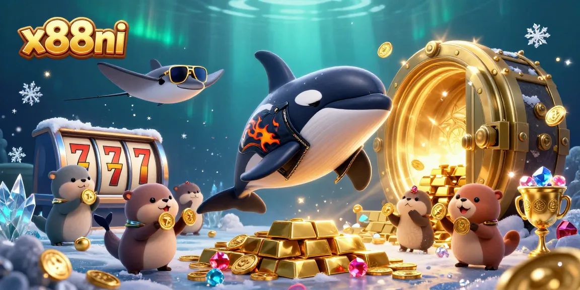 x88ni showcases thrilling casino excitement with a whale, stingray, and otters amidst treasures.